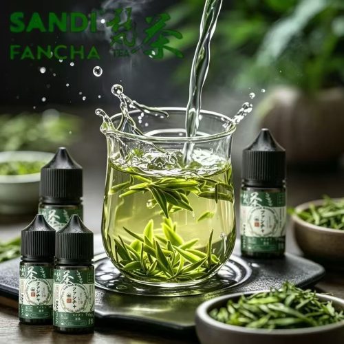 日本 SANDI FANCHA 梵茶煙油三瓶實拍，綠色包裝標籤，還原真實茶香的電子煙油產品圖
